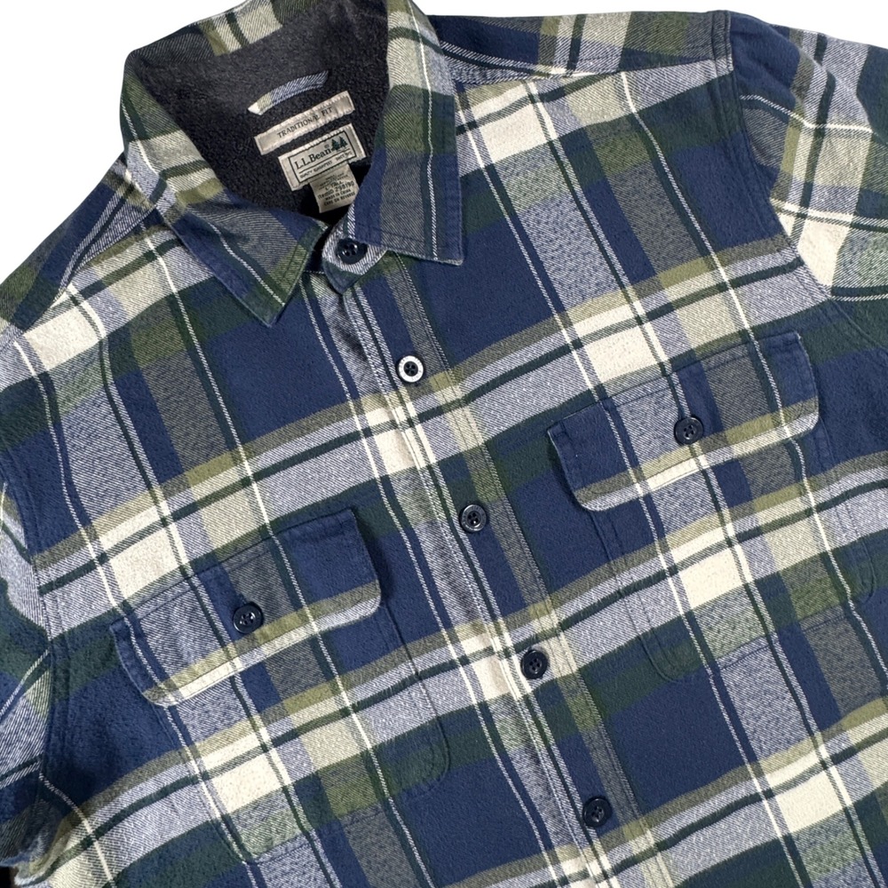 LL Bean Fleece Lined Flannel Shirt Jacket Mens L Tall Blue Green Plaid Shacket